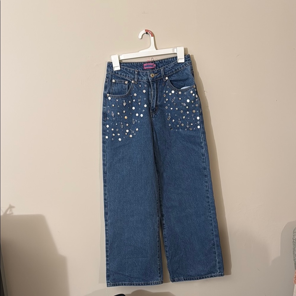 Edikted Blue Wide Leg Jeans with Sparkly Details